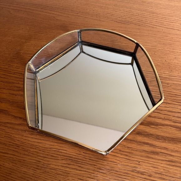 Vintage Hexagonal Glass Mirror Tray Brass Gold Edge Vanity Jewelry Decor Display - Picture 6 of 6